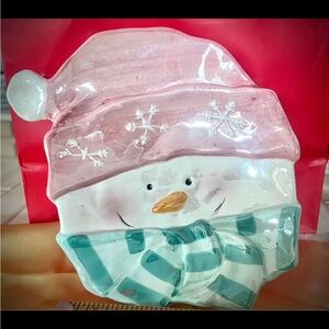 HOLIDAY SNOWMAN Candy Dish Plate Pink Hat & Green Scarf Iridescent Finish